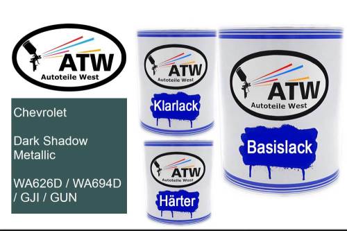 Chevrolet, Dark Shadow Metallic, WA626D / WA694D / GJI / GUN: 1L Lackdose + 1L Klarlack + 500ml Härter - Set, von ATW Autoteile West.